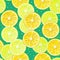 Seamless pattern with watercolor vintage lemon slices and bubbles.