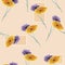 Seamless pattern watercolor wild violet and yellow flowers on the beige background