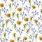 Seamless pattern of watercolor yellow dandelions and blue prickly eryngium