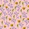 Seamless pattern of watercolor yellow dandelions and blue prickly eryngium