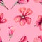 Seamless pattern with watercolour soft pink geranium. Floral romantic elements on pink backdrop.