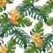 Seamless pattern. Watercolour tropical leaves and flowers. Summer theme