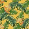 Seamless pattern. Watercolour tropical leaves and flowers. Summer theme