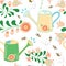 Seamless pattern with watering can, meadow flowers and bees.