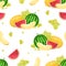 Seamless pattern with watermelon, melon and grapes. Heap of juicy summer fruits. Vector illustration of whole fruits and slices