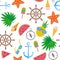 Seamless pattern. Watermelon, pineapple, starfish, glasses, ice cream, palm leaves, anchor, compass, steering wheel