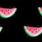 Seamless pattern of watermelon slices drawn in watercolor on a black background.