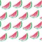 Seamless pattern of watermelon slices drawn in watercolor with paint splashes.