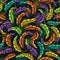 Seamless pattern with wavy bent feathers with colorful tips.