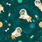 Seamless pattern with Welsh Corgi dogs flying in open space cartoon style