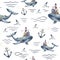 seamless pattern with whale, anchors, waves