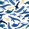 Seamless pattern of whales. Beluga, killer whale, humpback whale, cachalot, blue whale, dolphin, bowhead, southern right