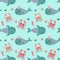 Seamless pattern with whales, crabs, seahorses on mint green background.