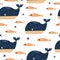 Seamless pattern with whales, fishes, decor elements. Colorful flat vector. Hand drawing for children.