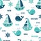 Seamless pattern with whales, sailing ships and lettering