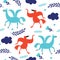 Seamless pattern with whimsical birds and horses . Fabric pattern, kids apparel print, wrapping paper