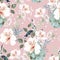 Seamless pattern with white alstroemeria flowers, leaves and berries. Hand drawn vintage background.