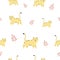 Seamless pattern on white background with funny yellow tigers and palm leaves