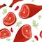 Seamless pattern on white background with gammon and steak on the bone, hot pepper and dill. Meat products background