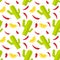 Seamless pattern on white background with green cactus, hot red pepper and slice of lemon. Mexican food background