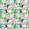 Seamless pattern on white background with water lilies and black crowned crane