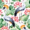Seamless pattern on white background with water lilies and black crowned crane
