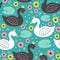 Seamless pattern with white and black princess swan