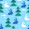 Seamless pattern of white and blue rabbits, christmas trees, snow forest. Winter  illustration, cute wallpaper. Vector
