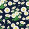 Seamless pattern with white camomile daisy on blue background