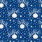 Seamless pattern White coniferous Christmas-tree branch on a blue background with a Christmas-tree toy in the form of a ball with