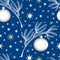 Seamless pattern White coniferous Christmas-tree branch on a blue background with a Christmas-tree toy in the form of a ball with