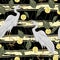 Seamless pattern with white crane bird, leaves, circles with golden glitter foil texture on striped background.