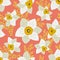 Seamless pattern with white daffodils and yellow mimosa on a peach pink background