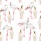 Seamless pattern with white flamingos and pink cacti silhouette. Simple design for fabric. Light pattern.