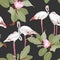 Seamless pattern with white flamingos and pink green magnolia flowers branch with leaves. Simple design for fabric.