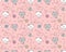 Seamless pattern with white and gray fun kittens and multicolored yarn balls.