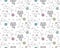 Seamless pattern with white and gray kittens and multicolored yarn balls.