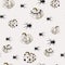Seamless pattern with white Halloween pumpkins carved faces and spider on light background.
