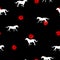 Seamless pattern white Horse silhouette, small red rose on black