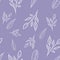 Seamless pattern with white outline branches and leaves on lilac background. Spring pattern. Fashion print. Packaging, wallpaper,