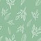 Seamless pattern with white outline branches and leaves on minty green background. Doodle pattern. Spring/ summer print. Packaging