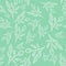 Seamless pattern with white outline branches and leaves on minty green background. Spring/summer print. Packaging, wallpaper, text