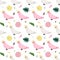 Seamless pattern with white and pink parrots cockatoo and tropical leaves and flowers.