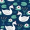 Seamless pattern with white princess swan on lake