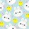 Seamless Pattern. White rabbit bunny face. Chicken, Easter egg. Cute cartoon kawaii funny smiling baby character. Wrapping paper,