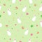 Seamless pattern white rabbits, poppy, abstract flowers on green background. Sweet baby hare in spring bloom meadow motif, vector