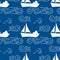 Seamless pattern with white silhouette Sailing yacht in the sea, waves and clouds. Line doodle sketch. Hand drawn Vector