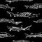 Seamless pattern of white silhouettes of sturgeon fish on black background