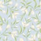 Seamless pattern with white snowdrop flowers on a blue background. Vector illustration.