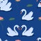 Seamless pattern with white swans and water lily in lake . Wild birds or waterfowl in pond with lotus flower. Hand drawn vector